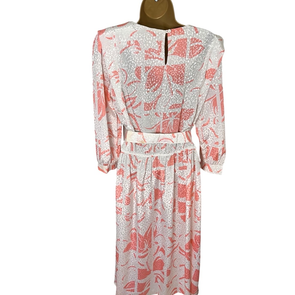 Vintage 80s Jonathan Martin Belted Midi Dress Padded Shoulders Coral White 9/10 - Picture 3 of 7